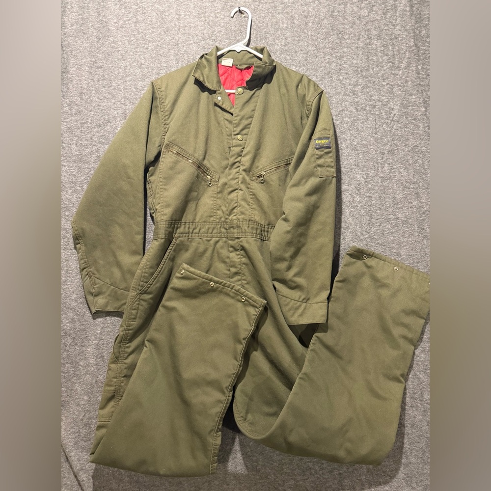 OshKosh Vtg 60s 70s Union Made Coveralls Mens 40L army green red lined USA Made
